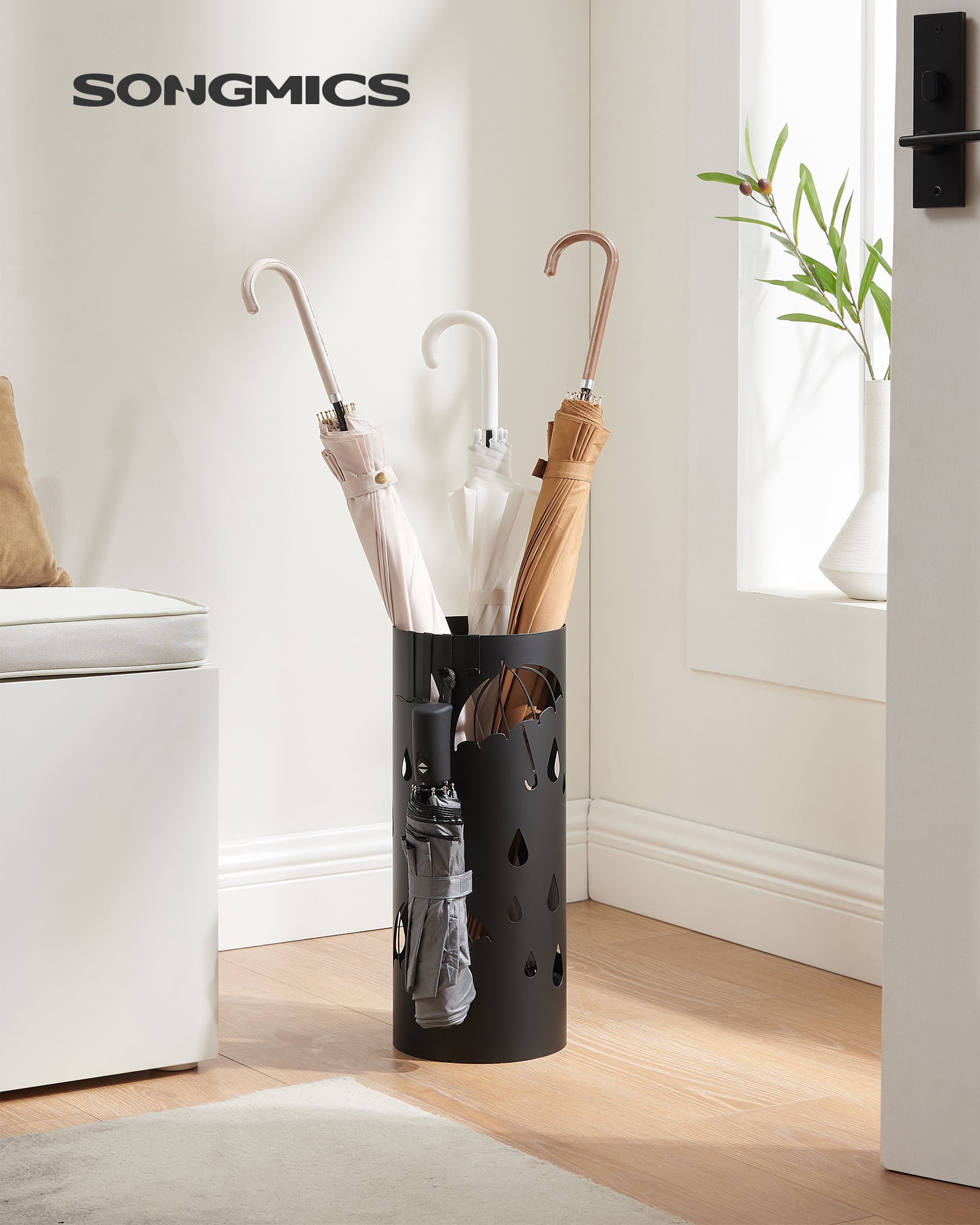 SONGMICS Umbrella Stand, Metal Umbrella Holder for Entryway, with Water Tray and 4 Hooks, 6.7 x 6.7 x 16.1 Inches, Round, Black