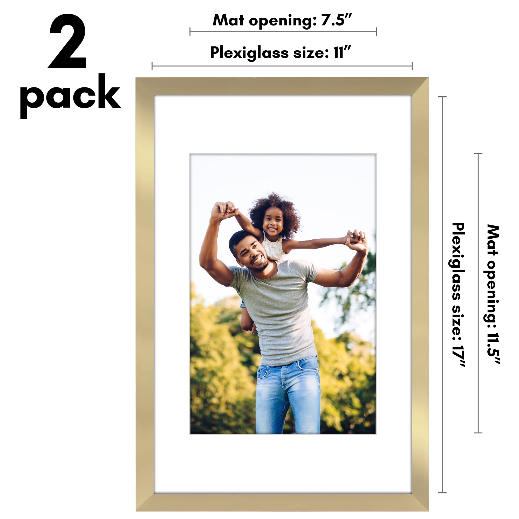 Americanflat 11x17 Picture Frame with Polished Plexiglass with 8x12 Mat 2 Pack Display Photo Galleria - Gold