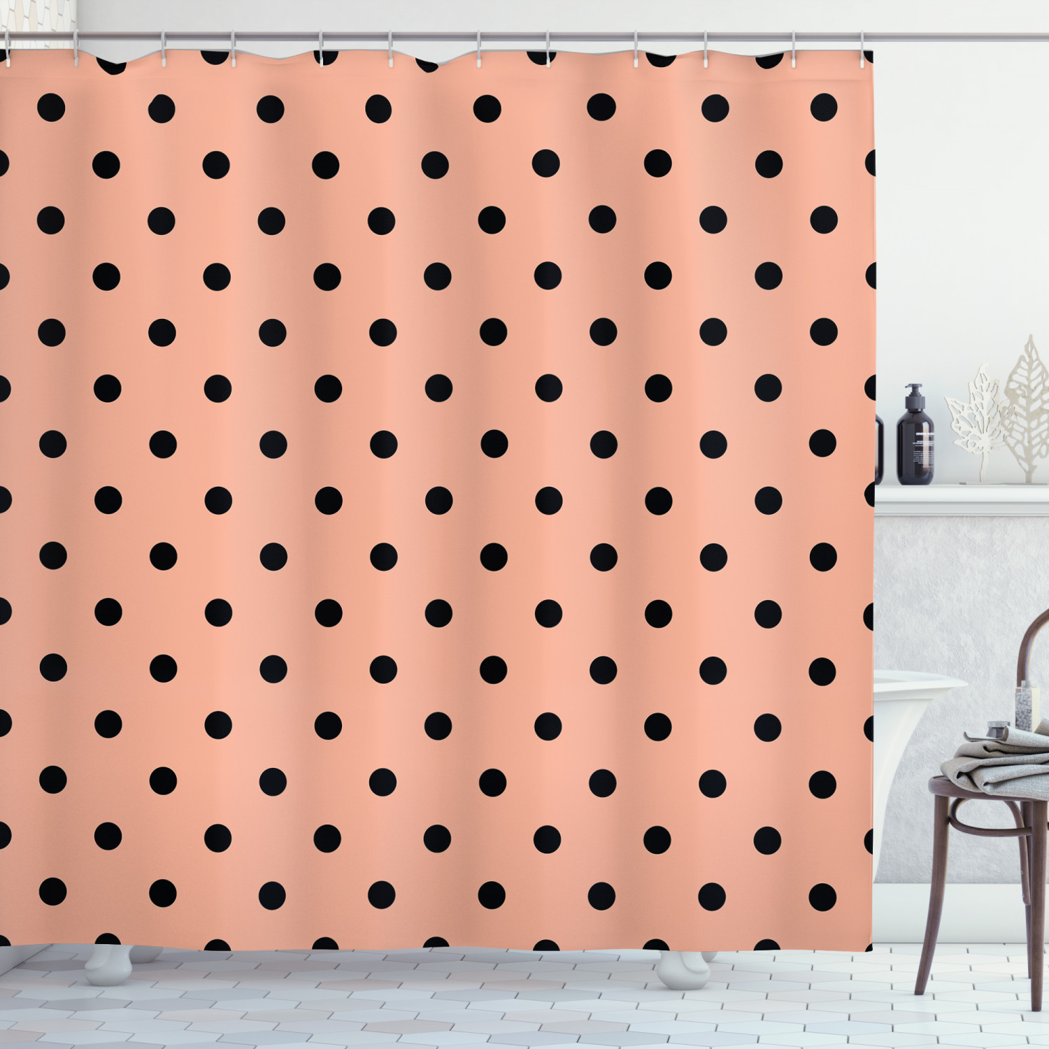 Peach Shower Curtain, Traditional Black Polka Dots on Soft Colored