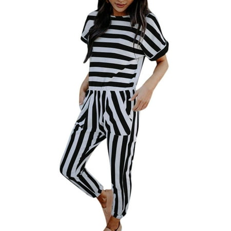 

Stretchy Jumpsuits For Women S Fashion Striped Short Sleeve O-Neck Long Overalls Black S