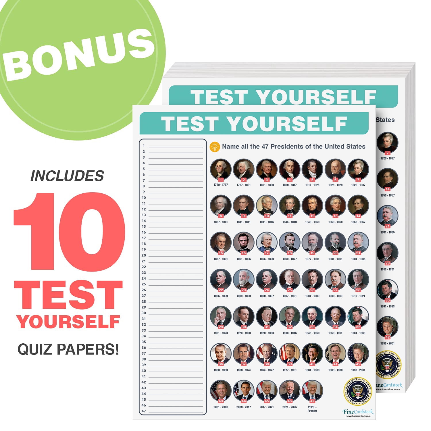 Presidents of The United States Educational Chart – Great Learning Tool for Kids | Perfect for Home, School and Office Use | 80lb Cardstock (216gsm) | 8.5 x 11” | 10 per Pack