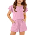 thumbnail image 5 of EnJoCho Girls Summer Outfit 2 Piece Kids Double Sleeve Button T-Shirt Baggy Cotton Elastic Waist Shorts Set Cute Casual Plain Outfit Girls Shirt and Shorts Set Kindergarten Starter Pack, 5 of 6