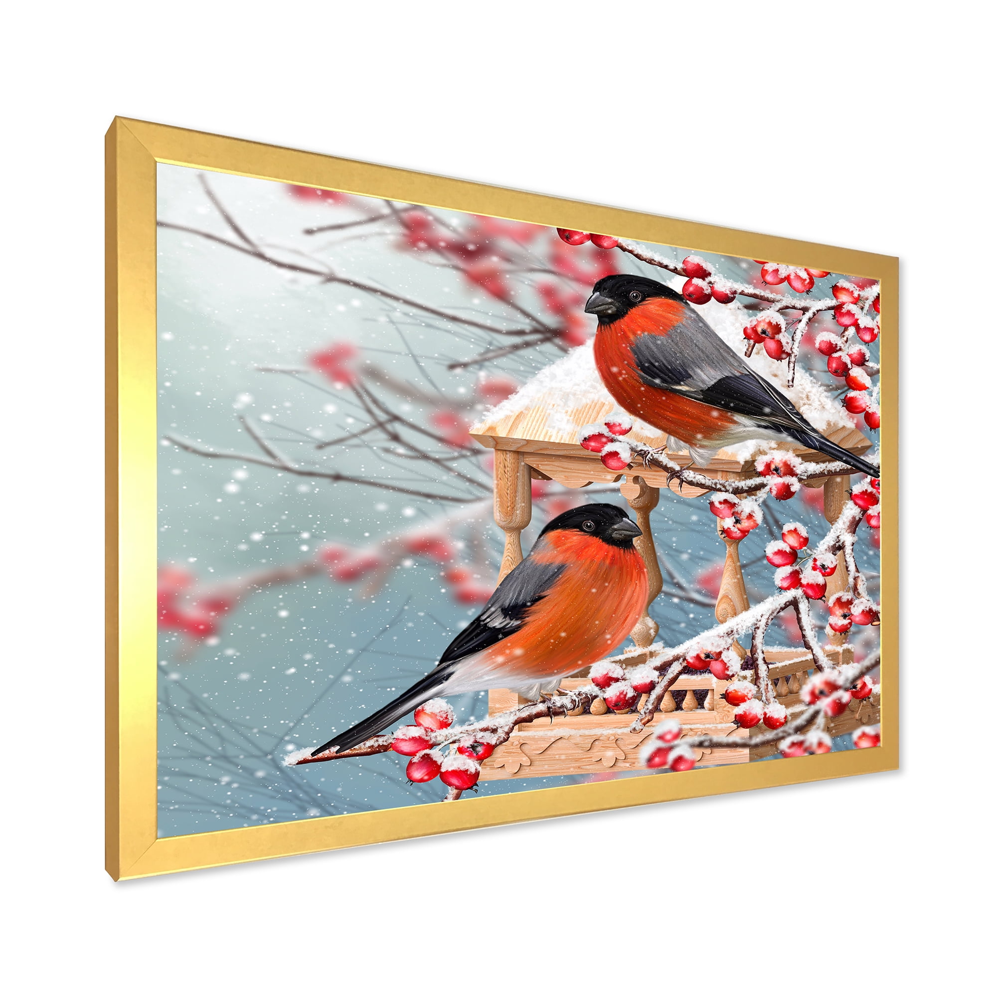 Designart 'Two Tits Sit On A Snow-Covered Berries Branch ' Traditional Framed Art Print