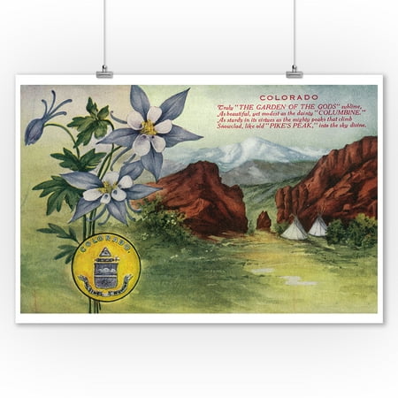 Colorado - View of Garden of the Gods, Pikes Peak, Columbine Flowers - Vintage Halftone (9x12 Art Print, Wall Decor Travel (Best Flowers For Colorado)
