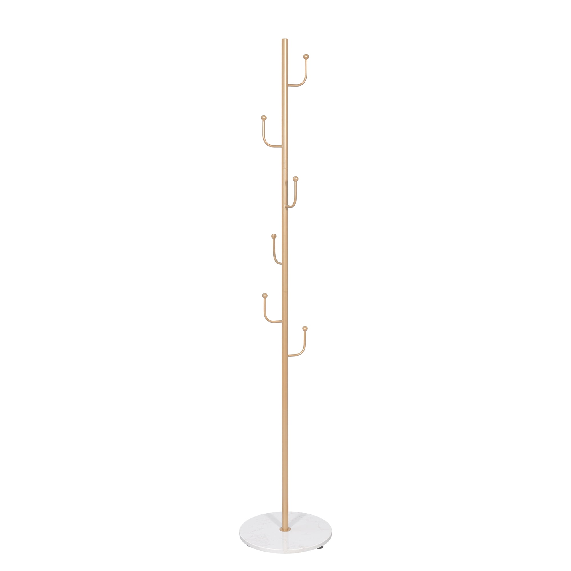 Abble Coat Rack 6 Hooks 64.5 in Freestanding Metal Coat Rack Coat and Hat Hanger Organizer Rack Garment Stand with White Stone Base for Home, Office, Entryway, Hallway, Gold