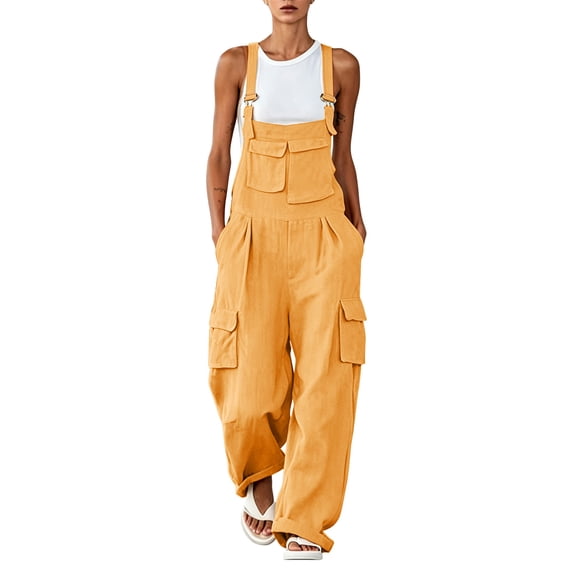 Women's Wide Leg Overalls Adjustable Strap Sleeveless Cargo Jumpsuits Multi Pockets One Piece Romper Workwear Orange, XL