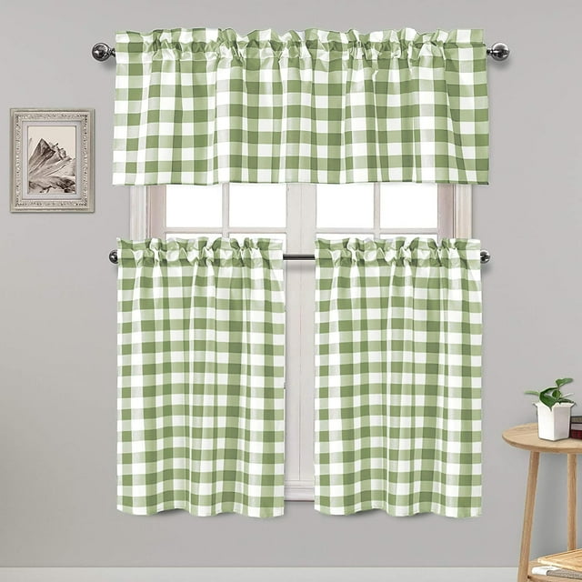 3 Piece Semi Sheer Sage Green Kitchen Curtains Light Filtering Buffalo Checkered Tier and Valance Window Curtains Set, 52 W x 18 L (1 Panel) + 26 W x 36 L (2 Panels)