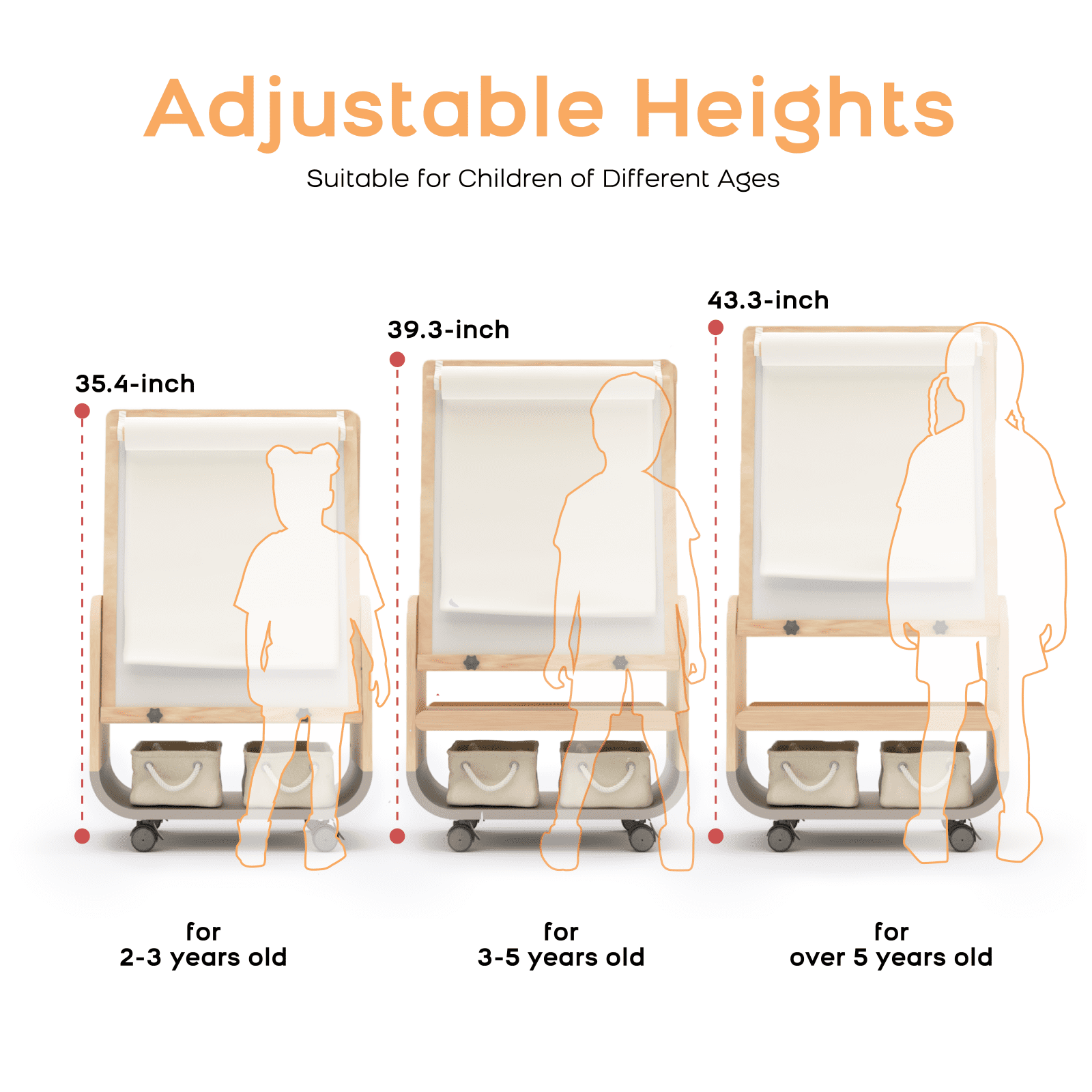 3-in-1 Art Easel for Kids Double-Sided Board Easel with Wheels and Storage Bags Adjustable Height Easel for Toddlers Magnetic Chalkboard & Whiteboard,Grey