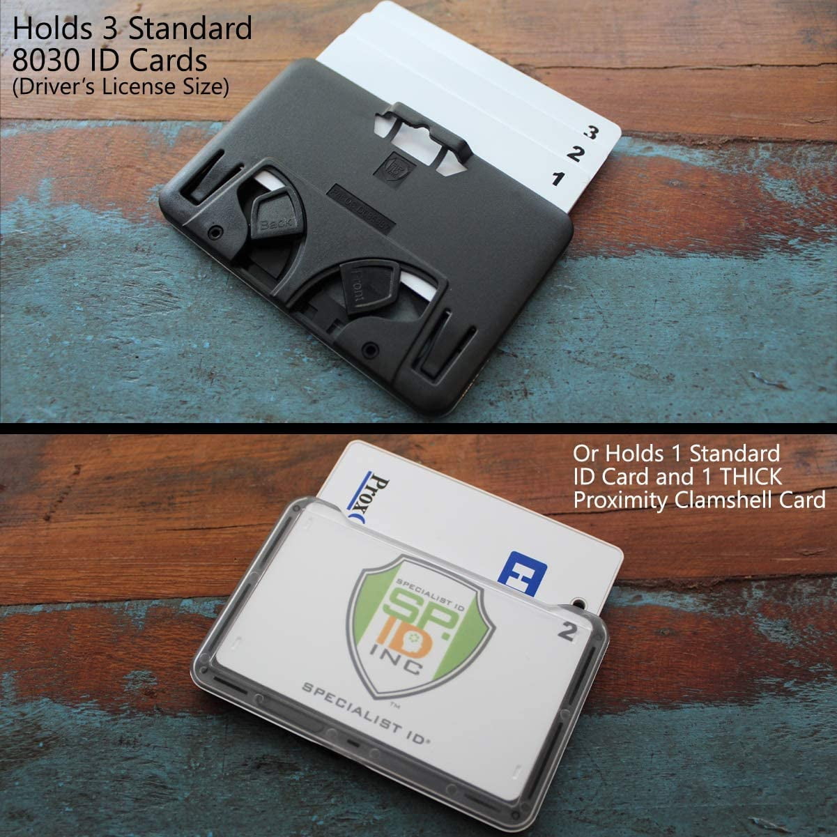 20 Pack - Heavy Duty Badge Holder for 3 Cards Horizontal - ID Cover Holds Three Badges Rigid Polycarbonate Multiple Card Case for 2 to 3 I’d - Top Load I.D. Case for Work by Specialist ID (Black)