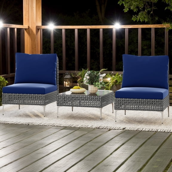 YYAo Patio Seating Sets,Outdoor Conversation Sets,3 Pieces PE Rattan Conversation Chairs with Tempered Glass Coffee Table for Garden Porch-Navy