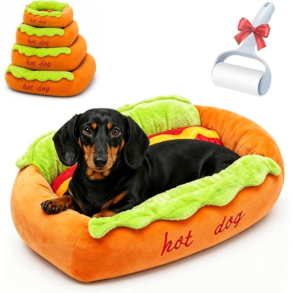 Hot Dog Bed for Dachshund, Hot Dog Bun Shaped Soft Plush Pet Bed, Removable and Washable Inner Cushion with Non-Slip Bottom, Funny Weiner Dog Mat for Small Puppies and Cats Indoor Use (S)