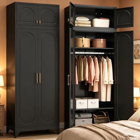 UNICOLY Armoire Wardrobe Closet with Hanging Rod, 86“H Tall Metal Wardrobe Cabinet, Metal Armoire with Doors, Large Freestanding Wardrobes