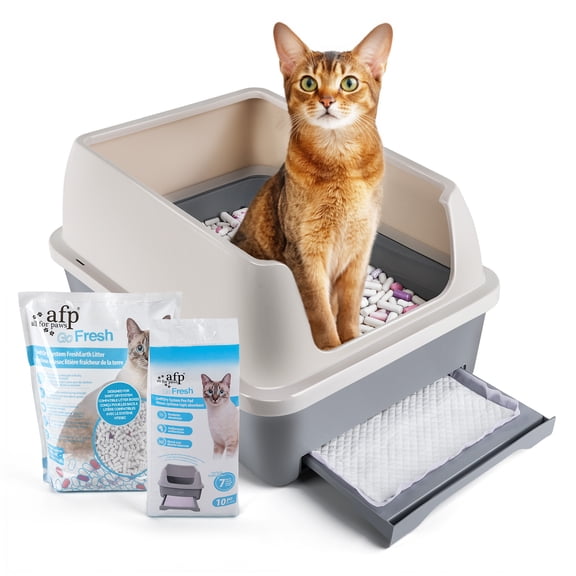 All For Paws SwiftDry System Cat Litter Box, Double Layer Cat Litter Box, Large – Includes 10 Pee Pads & 1.5kg FreshEarth Litter