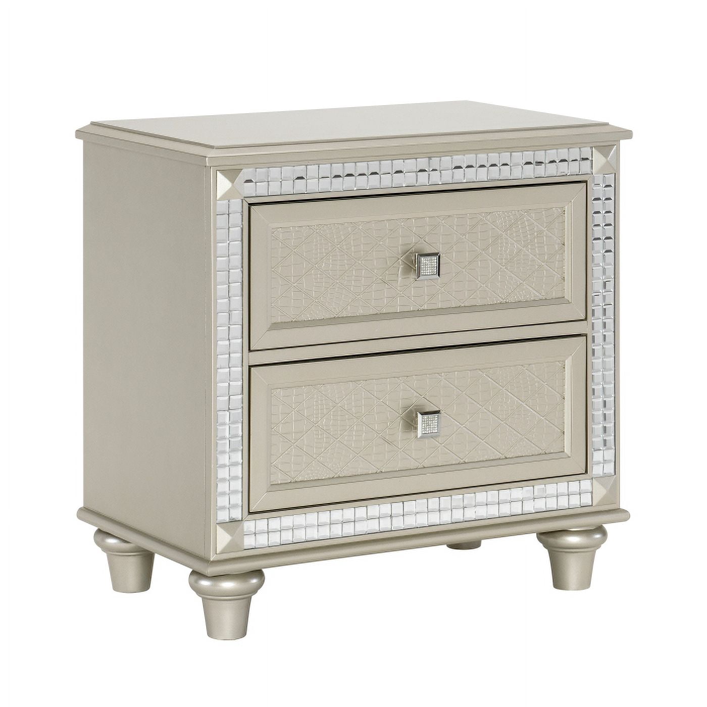 Juliette Collection Glamorous Silver Nightstand with Diamond-Patterned Embossed Drawer Fronts