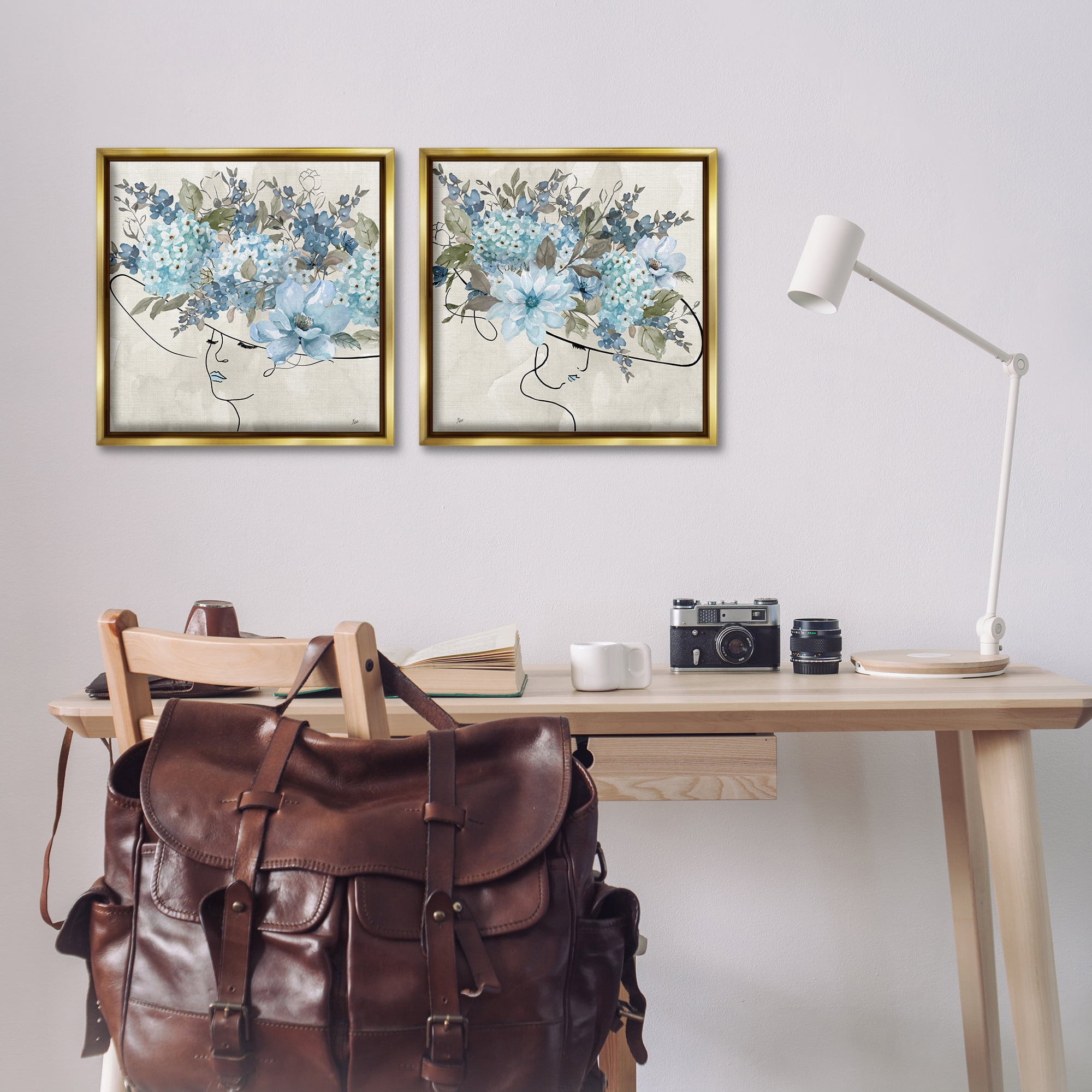 Stupell Industries Female Figure Floral Hat People Painting Gold Floater Framed Canvas Art Print Wall Art, 18 x 18, Set of 2