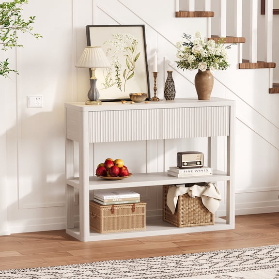 34.6" Tall Console Table with 3-Tier Storage Shelves, Fluted Entryway Table with 2 Drawers, Modern Wood Sofa Table Behind Couch for Living Room, Hallway, Foyer, Narrow Entrance, White Grey
