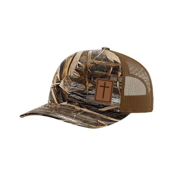 Heritage Pride Men's Christian Cross Laser Engraved Leather Patch Mesh Back  Trucker Hat, Realtree Max 5/Buck