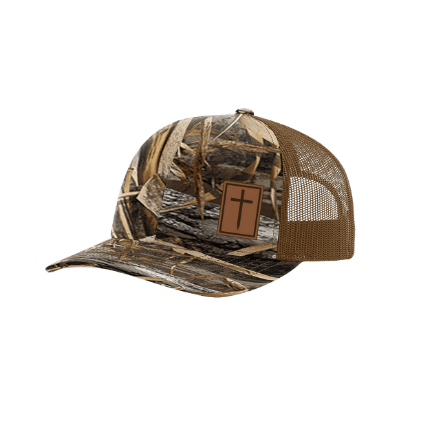 Heritage Pride Men's Christian Cross Laser Engraved Leather Patch Mesh Back Trucker Hat, Realtree Max 5/Buck