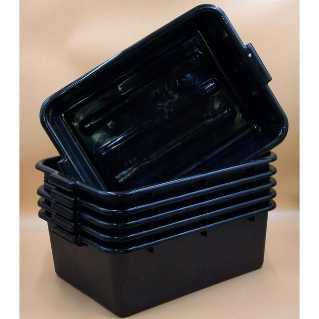 6 PACK 20" x 15" x 7" Black Polypropylene Bus Plastic Restaurant Dishwasher Tub Stackable w/Handles, 20" x 15" x 7" Durable Plastic Dish Box for Kitchens, Bars, Catering