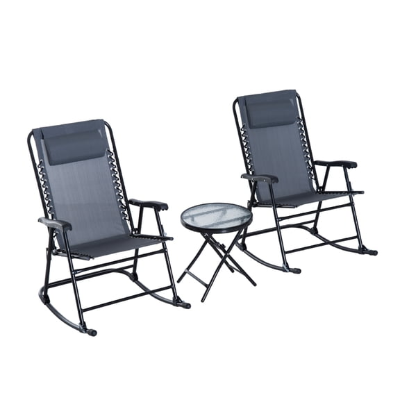 Outsunny 3 Piece Outdoor Rocking Bistro Set, Patio Folding Chair Table Set with Glass Coffee Table for Yard, Patio, Deck, Backyard, Grey