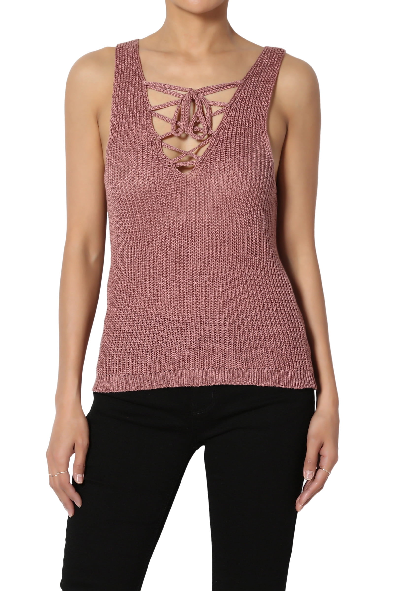 TheMogan Women's Lace Up VNeck Knit Sweater Tank Top Sleeveless Summer