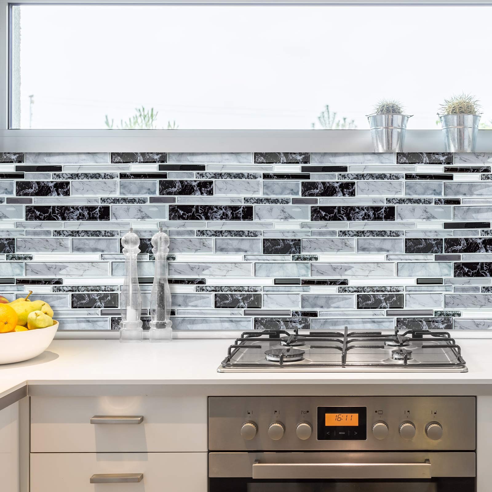 10 Sheet Vinyl Peel and Stick Tile Backsplash, Waterproof Heat Resistant Oil-Proof 3D Stick on Tiles, Self Adhesive Tile for Kitchen Bathroom Wall Laundry Room (Mable Tiles, 12"x12")