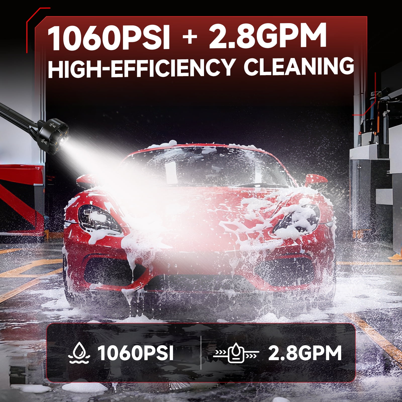 Cordless Pressure Washer, 1060PSI Portable Power Washer with LED Display, 2.8GPM Power Cleaner with 6-in-1 Adjustable Nozzle，16.4ft Hose for Cars/Patios, Black