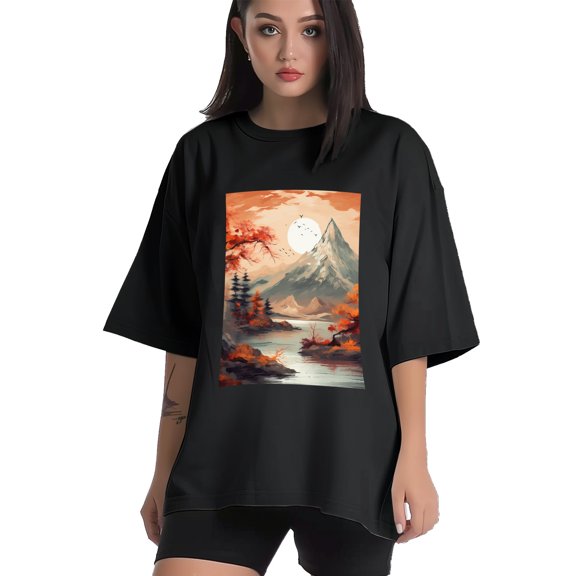 Plus Size Shirt for Women Black Tops for Women Short Sleeves Shirt for Women Autumn Landscape3 T Shirt Crewneck Shirt for Women XS