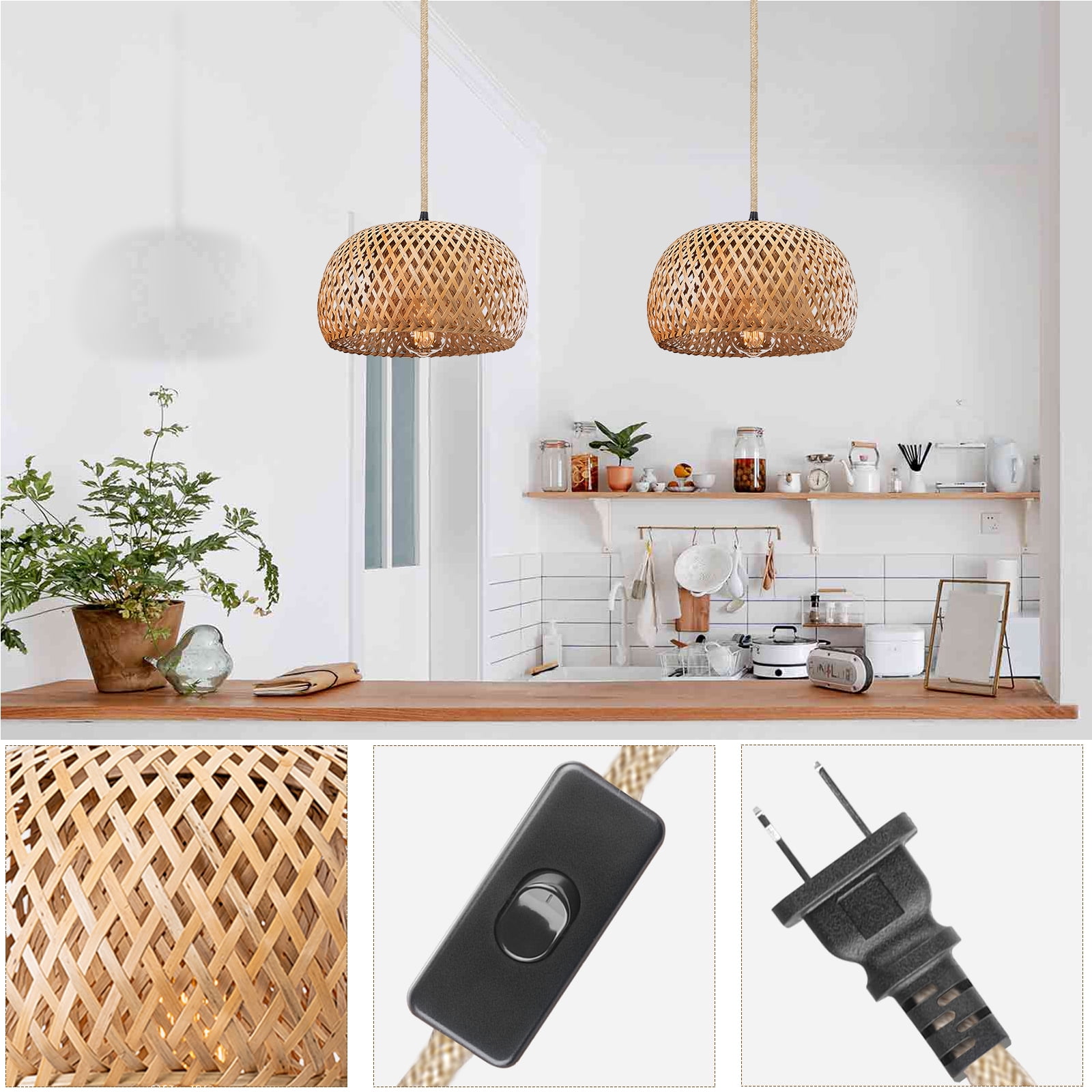 IC Farmhouse Plug in Pendant Light Fixture, E26 Bamboo Lampshade Rattan Round Cage Hanging Ceiling Lamp with Hemp Rope Cord for Home Decor Living Room Bedroom Kitchen Bar