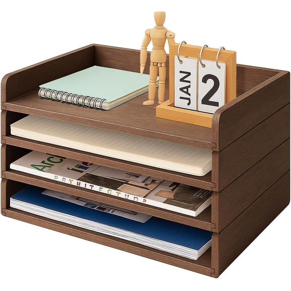 Wooden Paper Tray Organizer for Desk,Stackable Paper Holder and Letter Tray,4-Tier Desktop File Storage Rack for Study,Home and Office(Walnut,14" x 9.5" x 2.5")