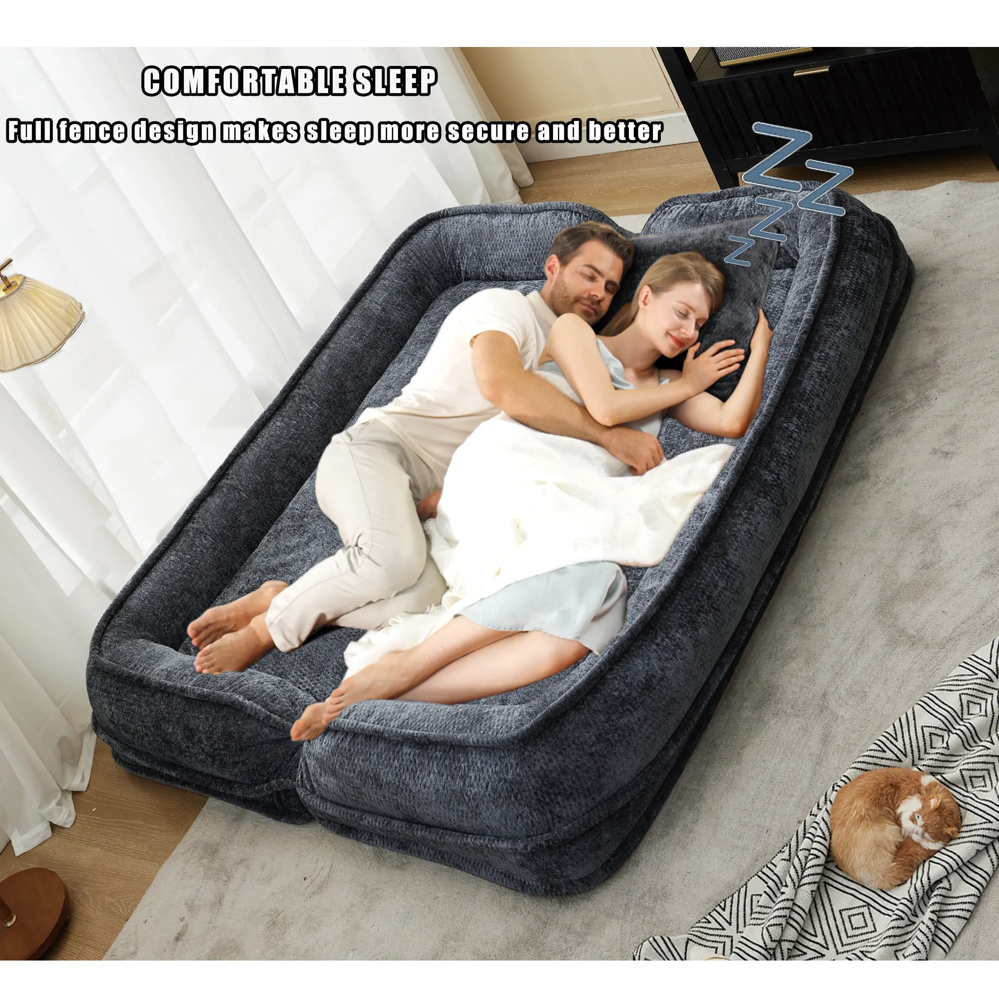 Aukfa Double Human Dog Bed Lazy Sofa Loveseat with Adjustable Backrest, Extra Large 2-Seat Floor Couch with Plump PillowDark Gray