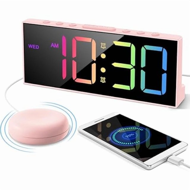 wonima44 Digital Alarm Clock with Bed Shaker, Large Numbers Plug in Alarm Clock for Heavy Sleepers Adults Teens with USB Charger, Dual Alarm, 12/24Hr, Snooze, Dimmable, Adjustable 3-Levels Volume-Pink