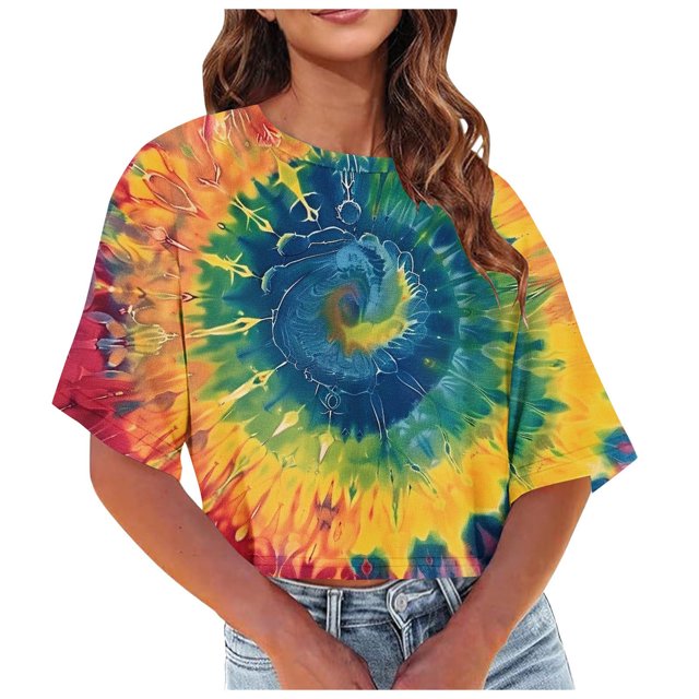 Posijego T-Shirts Teinture sur Nœuds Graphiques pour Femmes Été Décontracté Col Rond Manches Courtes Crop Tops