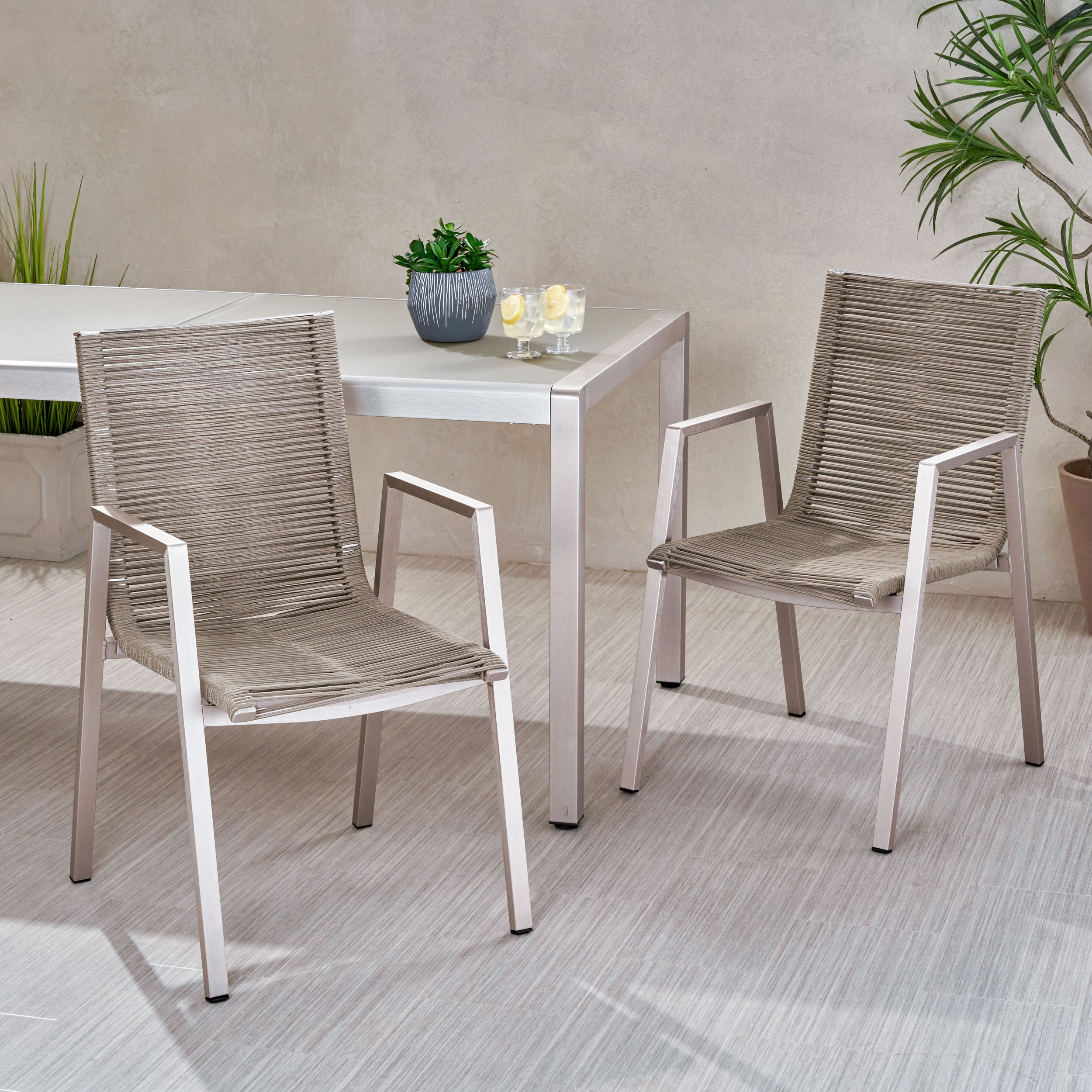Outdoor Rope Surface Dining Chair Set of 2, Aluminum Frame Household Seats for Patio Garden, Silver and Taupe