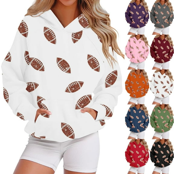 Resicozy Womens Day Sweatshirts Football Sequin Hoodies Fashion Casual Long Sleeve Oversized Sweaters with Pockets Purple L