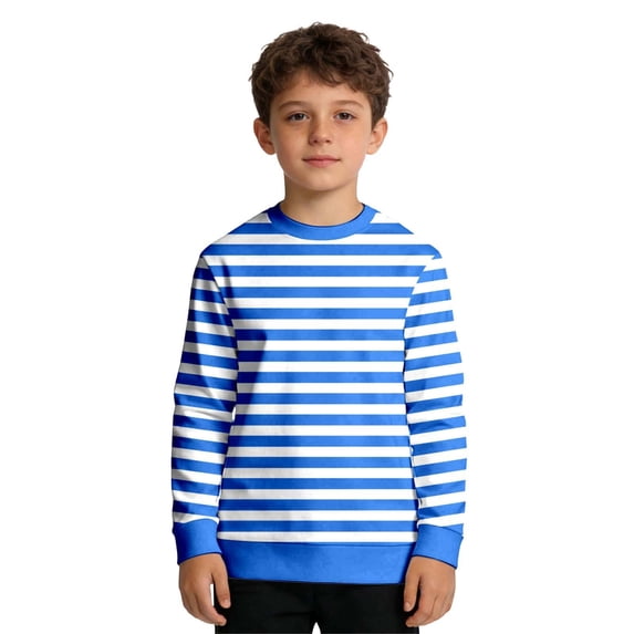 Kids Striped Long Sleeve Crewneck Sweatshirt, Boys Girls Casual Pullover Top, Soft Comfortable Everyday Wear, Classic Hoodless Sweatshirt for Children(Blue,11-12 Years)