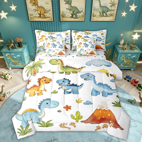 Feelyou Watercolor Dino Bedding Comforter Set for Kids Boys Girls, Desert Palm Wildlife Full Bedding Set, White Green, Polkadot Reversible, 7pcs