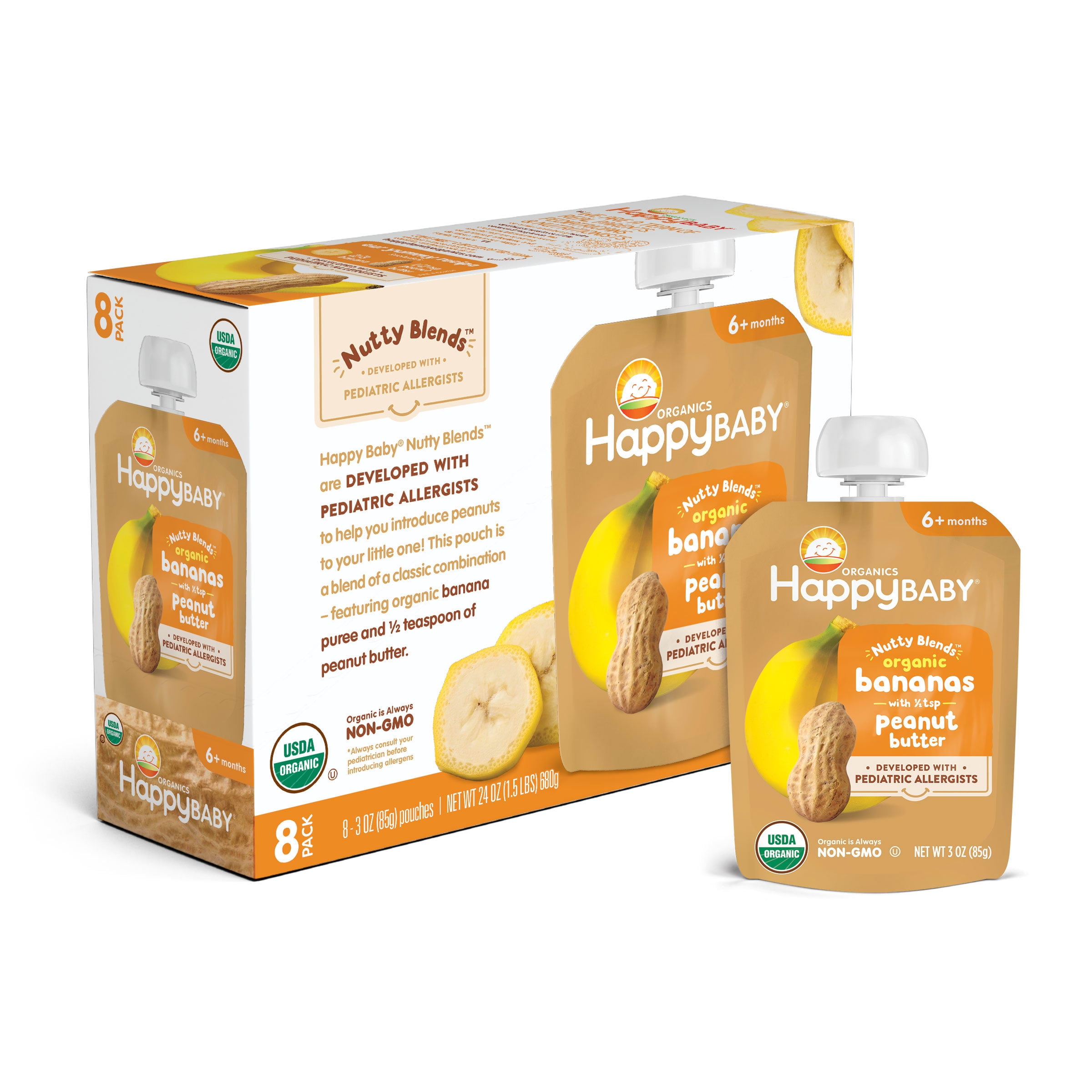 (8 Pouches) Happy Baby Organics Nutty Blends Organic Bananas with Peanut Butter, 3oz