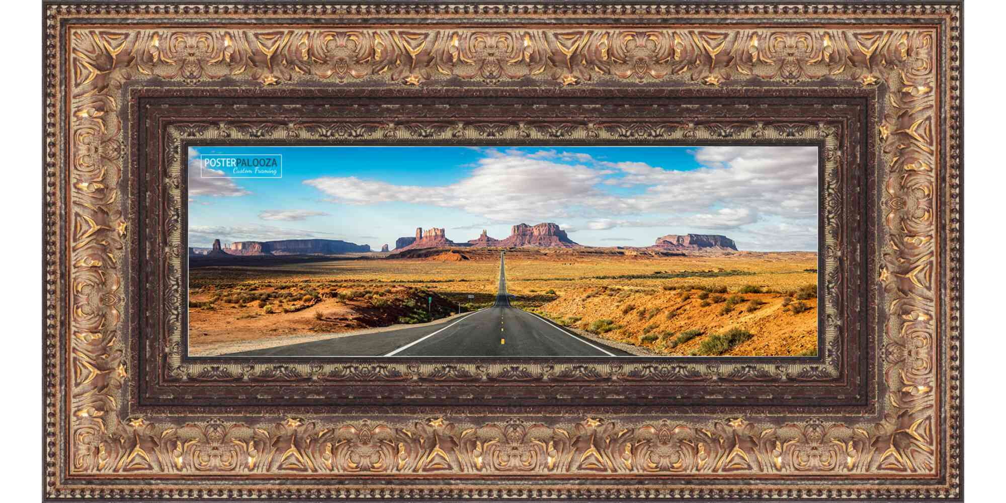 30x10 Ornate Gold Complete Wood Panoramic Frame with UV Acrylic, Foam