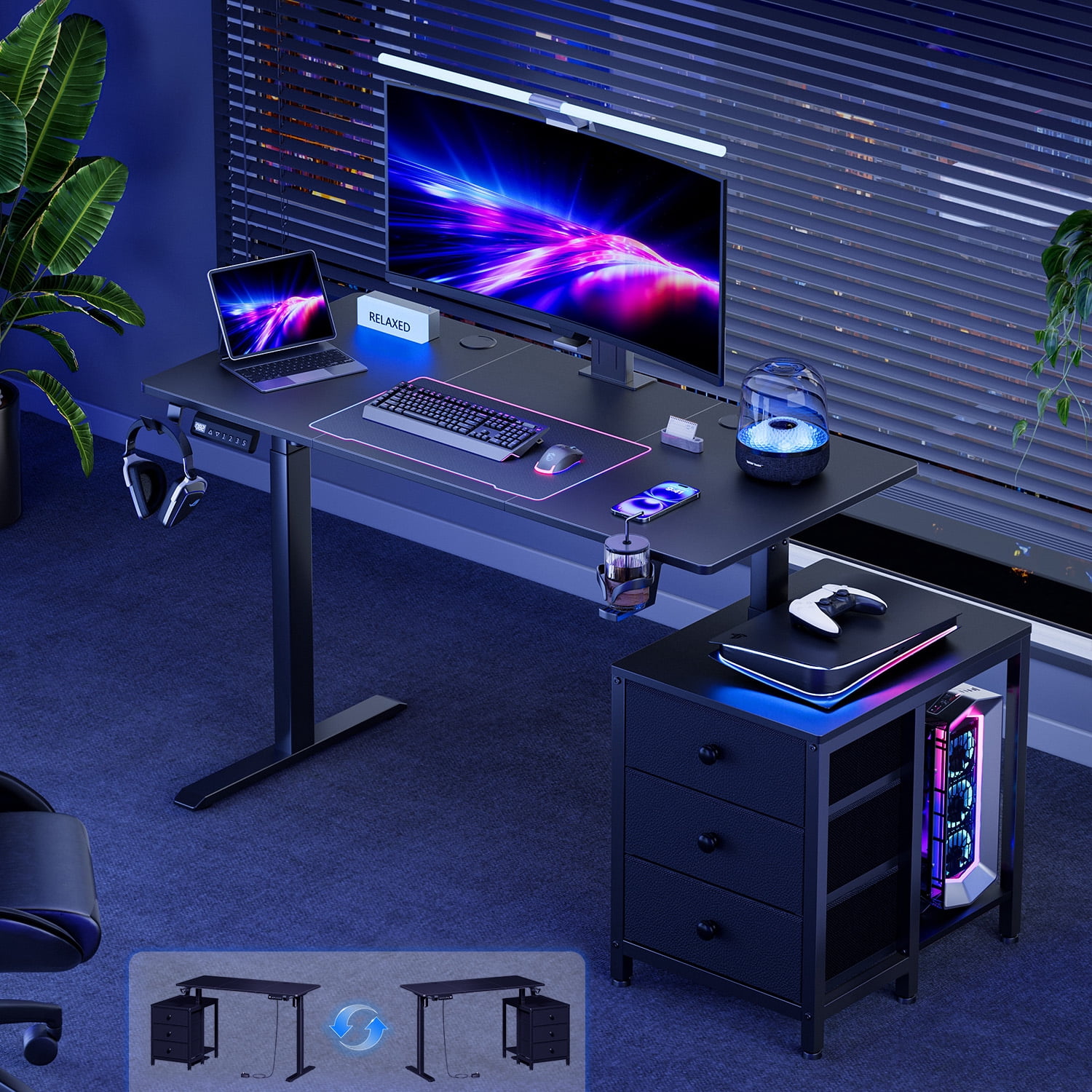 GUNAITO 47.2" Electric Standing Desk with 3-Drawer Cabinet, Adjustable Height Desk with Memory Panel, Office & Gaming Desk，Black