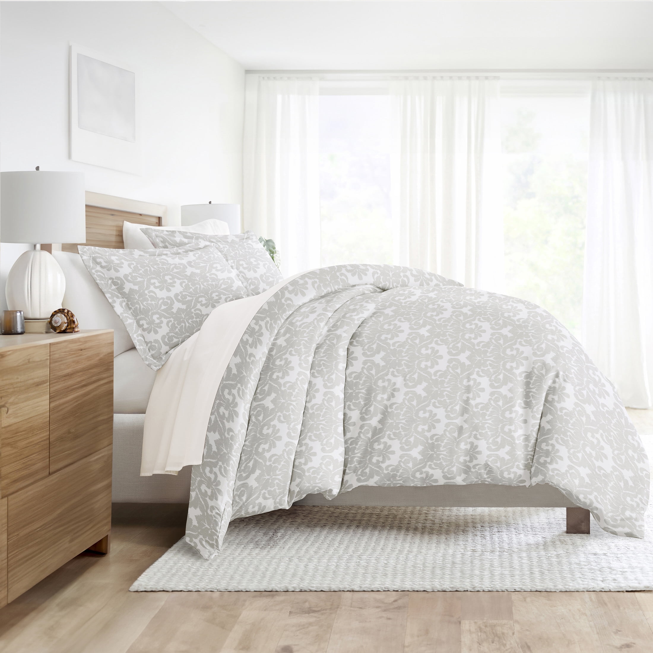 Noble Linens Light Gray Soft Damask Pattern 3-Piece Duvet Cover Set, King/Calking