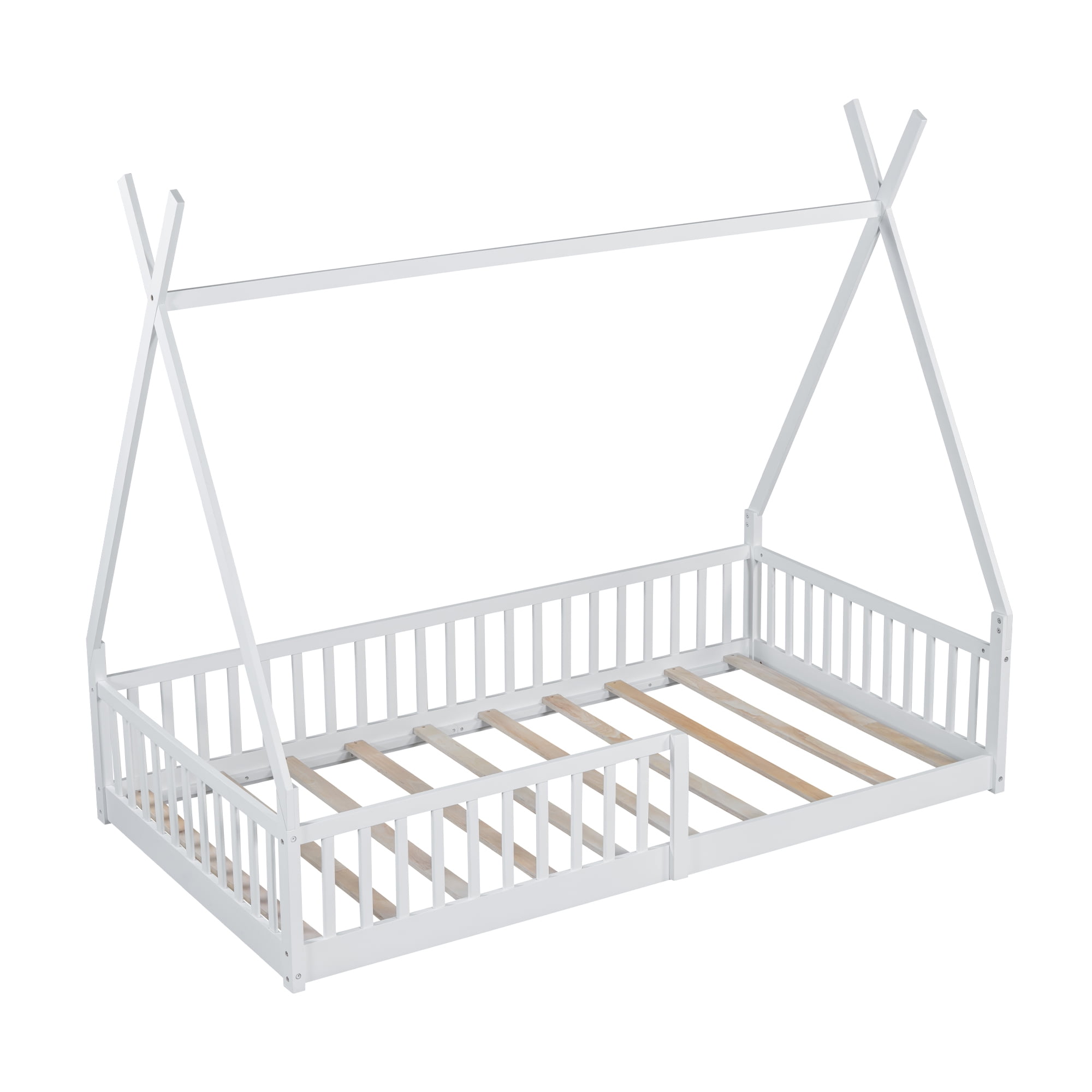 Euroco Twin Size House Platform Bed, Floor Bed with Guardrails for Kids Teens Room, White