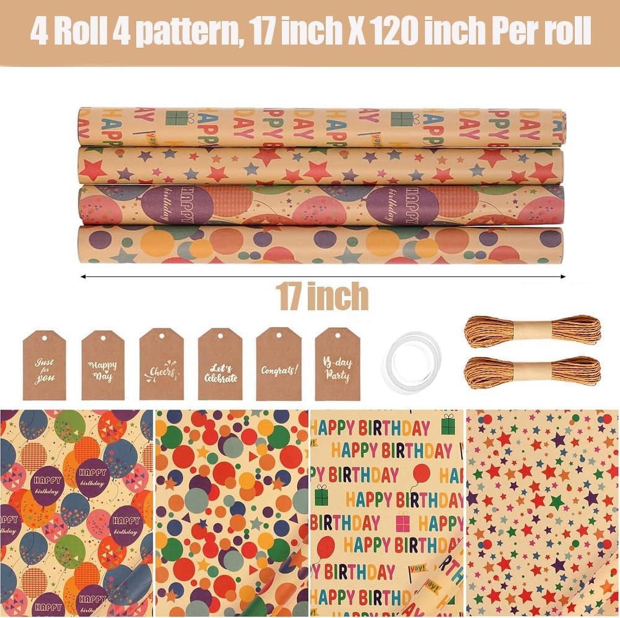 Birthday Kraft Wrapping Paper Vintage Style Paper Perfect for Men Women Brown Kraft Paper with Colorful Text Pattern for Birthday Holiday Wrap - 4 Rolls 17 inch X 120 inch (10feet) Per Roll