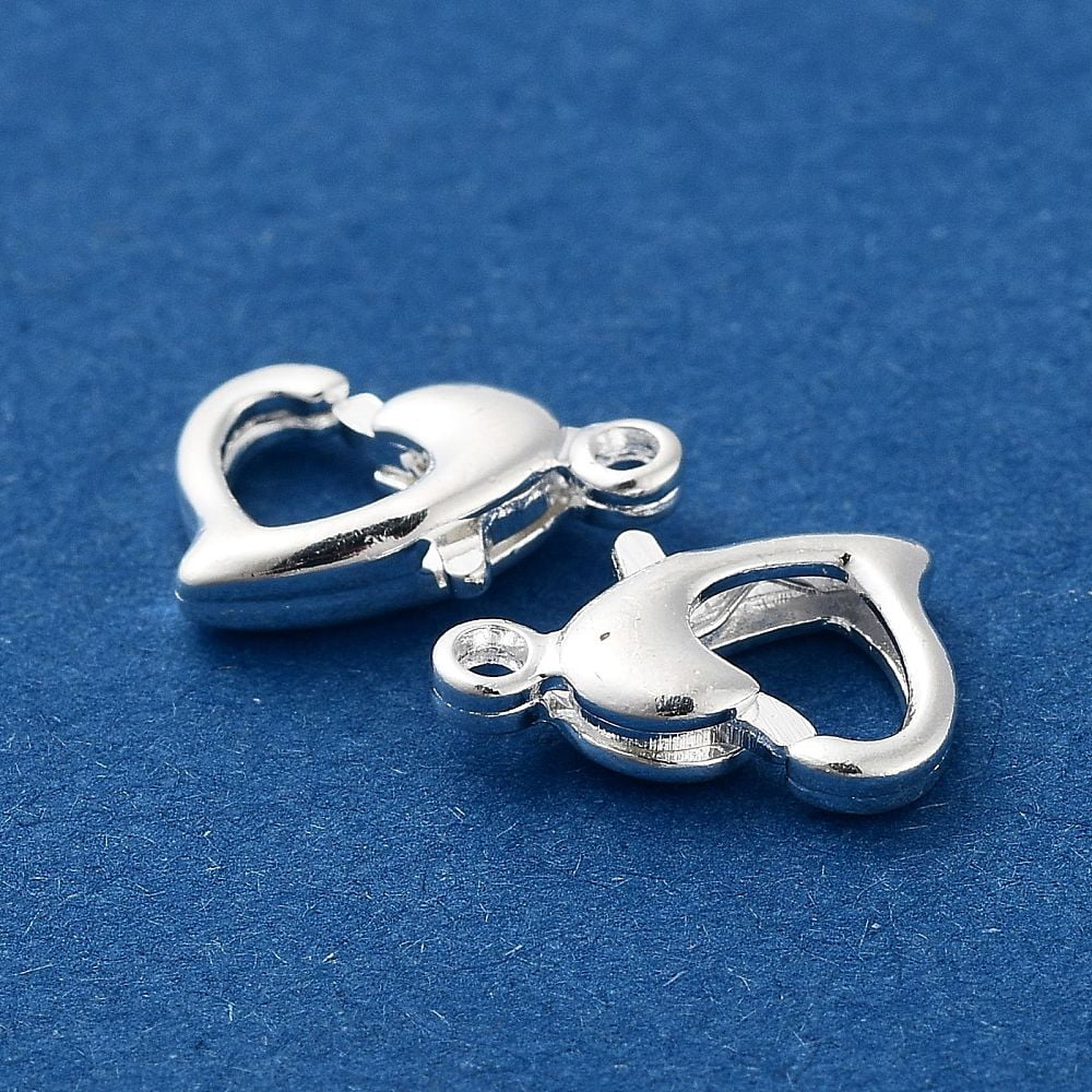 200pcs Brass Lobster Claw Clasps Heart 925 Sterling Silver Plated 10x7x2.5mm Hole: 1.2mm for Crafting
