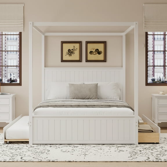 Euroco Wood Queen Size Canopy Bed with Four Polster, Platform Bed Frame with Trundle and Drawers, White