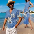 thumbnail image 2 of KUIFORTI His and Hers Summer Outfits Couple Matching Outfits Blue Vintage Floral Beach Vacation Clothes for Women with Pockets 4-Way Stretch Quick-dry for Romantic Date, 2 of 7