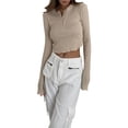 thumbnail image 3 of Fortune Women Slim Crop Pullover Casual Solid Color Long Sleeve Henley Ribbed Tops, 3 of 9