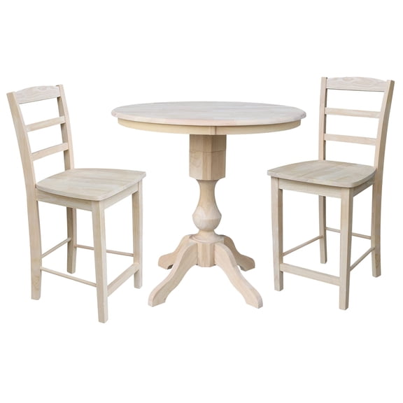 36" Round Top Pedestal Counter Height Table with 2 Madrid Stools - Unfinished - 3 Piece Set