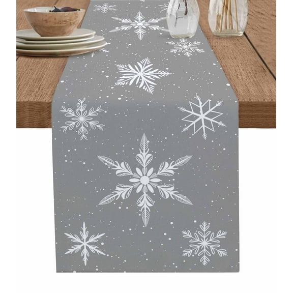 Grey Christmas Table Runner 70 Inches, Xmas Snowflake Winter Bed Runner Dresser Scarves Tabletop for Indoor Outdoor Parties/Ceremony/Banquet, 13" x 70"
