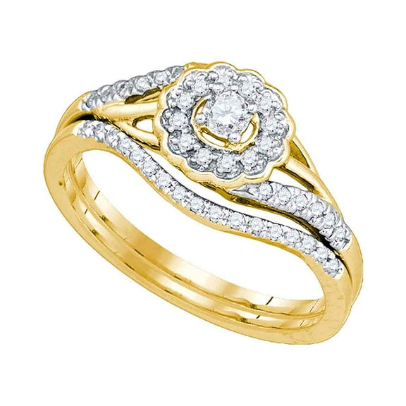 10kt Yellow Gold Womens Round Diamond Flower Floral Bridal Wedding Engagement Ring Band Set 1/4 Cttw